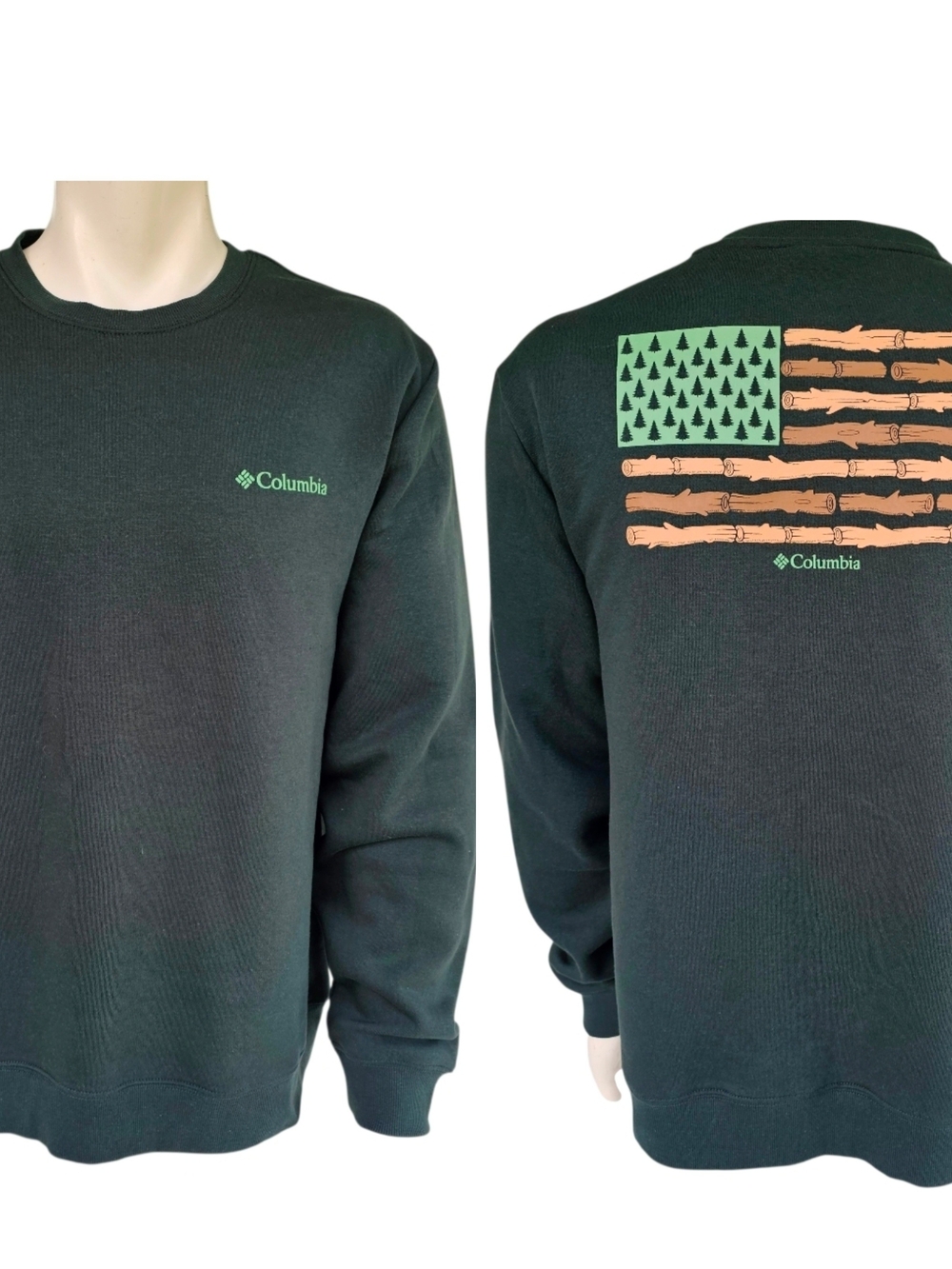 Columbia Sweatshirt Mens Large Green Crewneck American Flag Trees Fleece Pullove